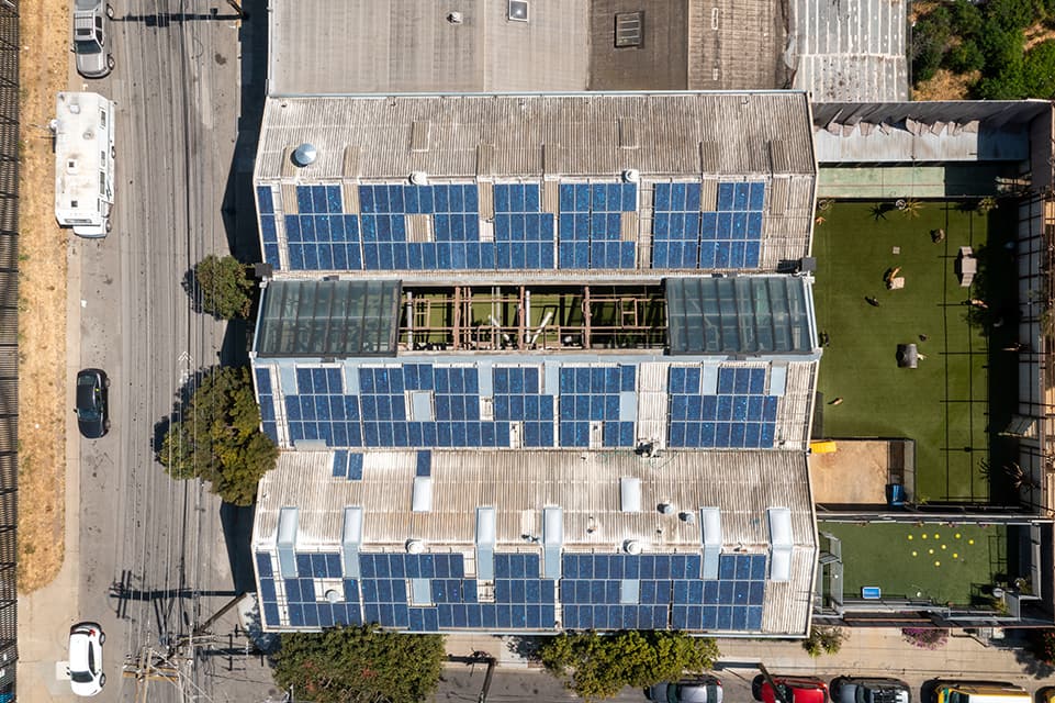 aerial view of pet camp solar panels
